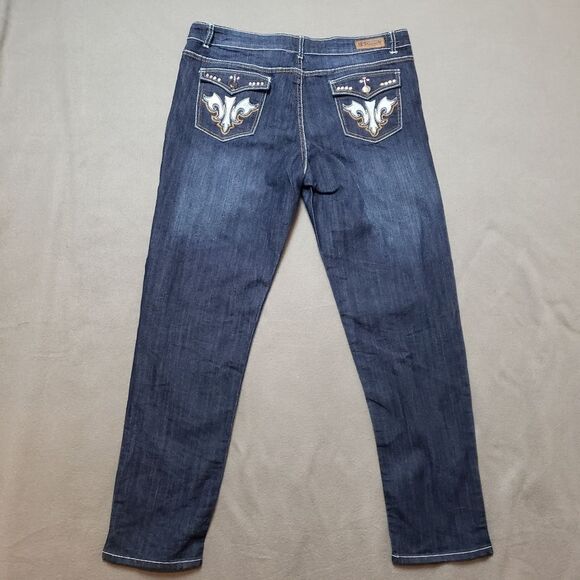 Free Culture Gemstone bling embroidered Size 22 Dark Wash Jeans flap pocket - Picture 2 of 11